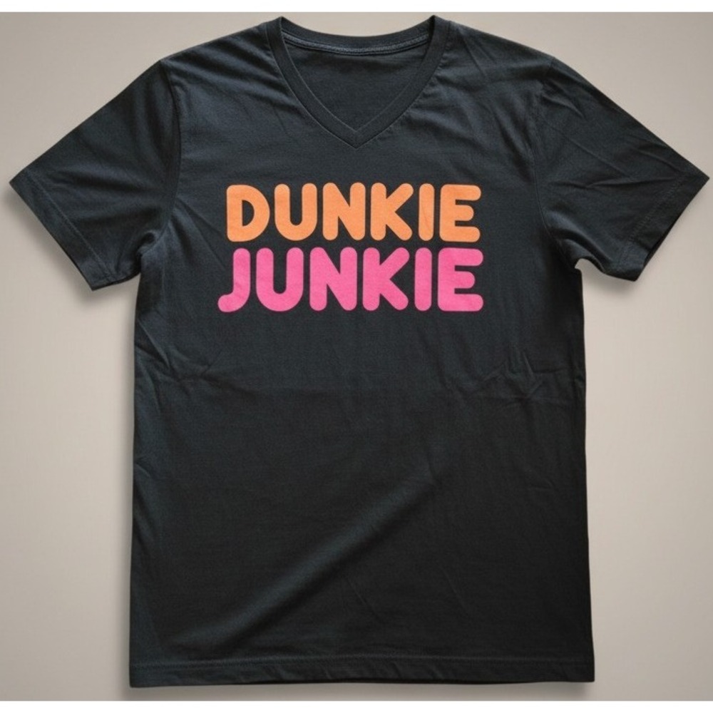 Dunkie Junkie‎ Dunkin Donuts Women's Medium Black Graphic T Shirt V Neck S/S